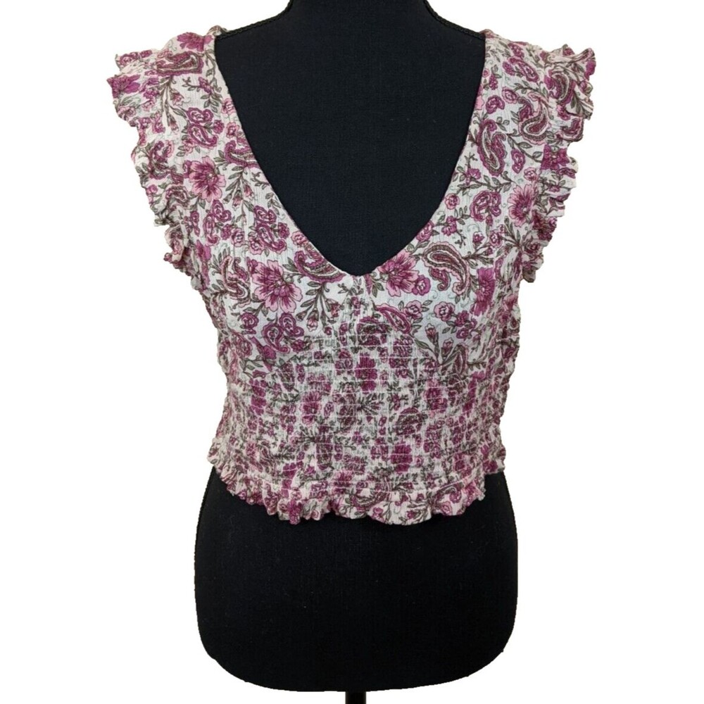 Patrons of Peace Bay Top Cropped Floral Paisley Smocked Boho Cottagecore Medium